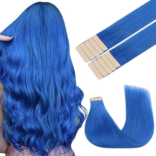 GOO GOO Tape in Hair Extensions Human Hair, Blue, 16inch 25g 10pcs, Colored Tape ins Human Hair Extensions, Silky&Soft Invisible Tape Ins, Hair Highlighted for Party