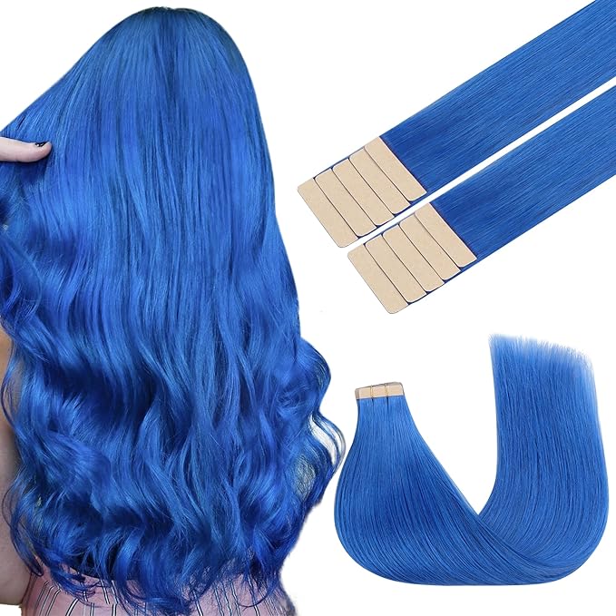 GOO GOO Tape in Hair Extensions Human Hair, Blue, 18inch 25g 10pcs, Colored Tape ins Human Hair Extensions, Silky&Soft Invisible Tape Ins, Hair Highlighted for Party