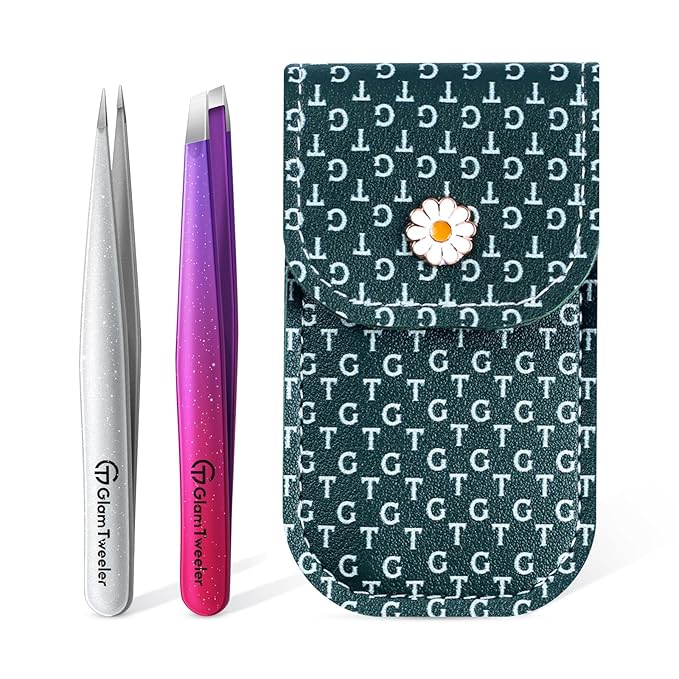 Expert Slant and Point Tip Tweezer Set with Exclusive Storage & Carrying Case, GlamTweeler Sharp & Precision Tweezer Set for Eyebrows, Facial Hairs & Fine Hairs Removal (Sparkle Deep Voilet + Silver)