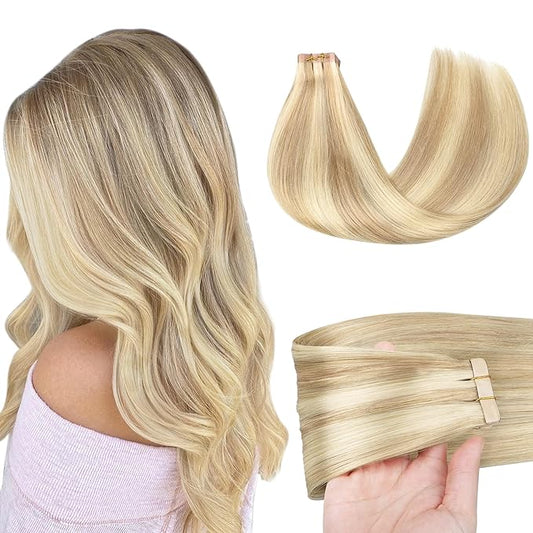 GOO GOO Tape in Hair Extensions Human Hair, 18A/613A Dark Blonde Highlighted Bleach Blonde, 24inch 50g 20pcs, Skin Weft Seamless Invisible, Silky Straight with Thick Ends, Remy Human Hair