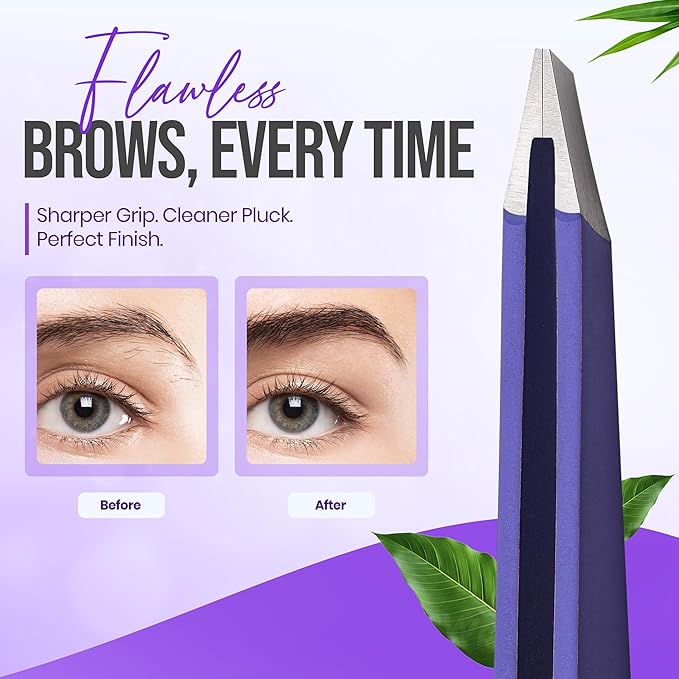Stainless Steel Mini Slant Tweezer - Professional Precision Eyebrow Tweezers for Women & Men, Rust-Proof Travel Grooming Tool for Facial Hair Removal, Chin Hair & Ingrowns (Purple)