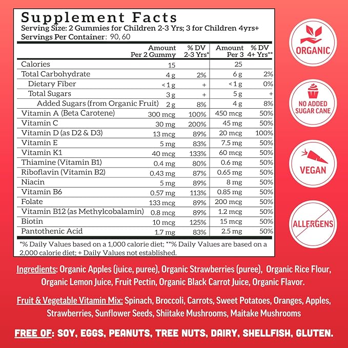 Llama Naturals Kids Multivitamin Gummies | Real Fruit, No Added Sugar Cane | Organic Vegan Toddler Whole Food Vitamins | Vitamin D, C & Beta Carotene Gummy Supplement | Strawberry 180 Ct (2-3 Months)