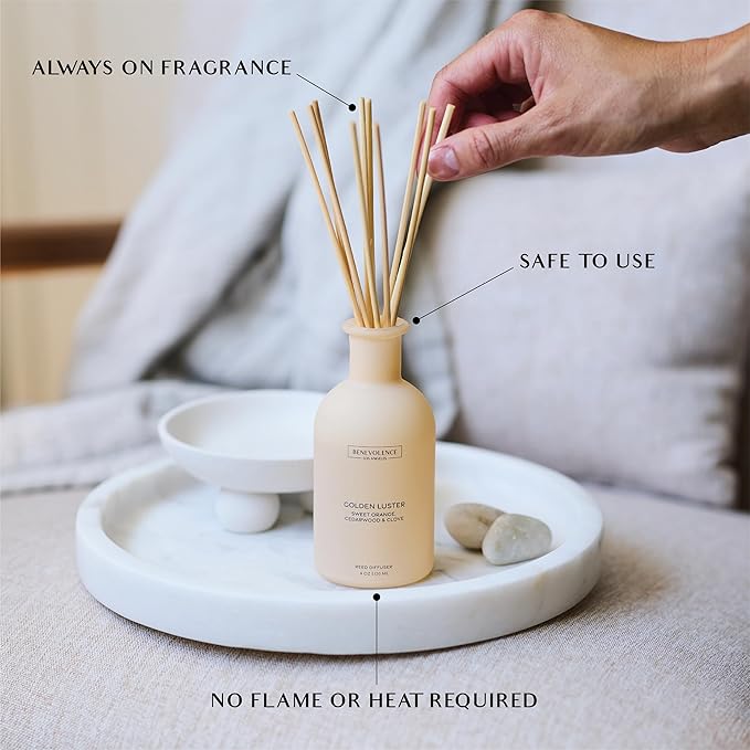 Benevolence LA Reed Diffuser - Orange, Cedarwood & Clove | Home Fragrance Diffuser for Home & Bathroom | Long-Lasting Scent Sticks - Malibu Sands Collection