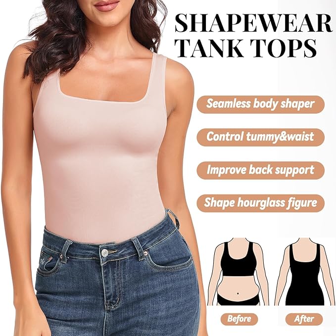 EUYZOU Women's Tummy Control Shapewear Tank Tops Seamless Square Neck Compression Tops Slimming Body Shaper Camisole