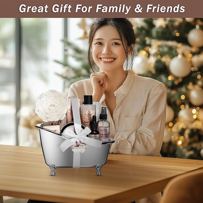 Spa Gift Baskets For Women - Luxury Bath Set With Coconut & Vanilla - Spa Kit Includes Body Wash, Bubble Bath, Lotion, Body Butter, Soap, Body Spray, Shower Puff, and Towel