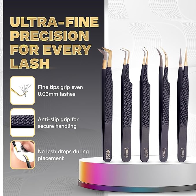 5 Pcs Fiber-Tip Japanese Steel Lash Tweezer Set with Leather Case, Professional Eyelash Tweezers for Lash Extensions – Titanium Coated, 90 & 45 Angled, Precision Pointed Tweezers (MATT BLACK)