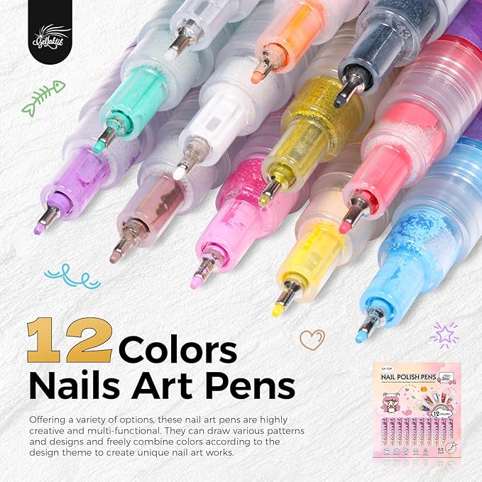 12 Colors Nail Art Pens Set, 0.5mm Fine Tip Nail Art Markers Polish Pen for 3D Nail Art, Quick-Drying Acrylic Paint MarkerPen Drawing Painting Liner Brush for DIY Nail Art Manicure Tool