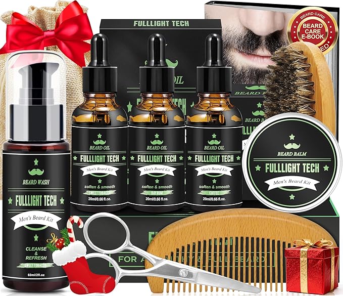Dad Birthday Gifts,Beard Grooming Kit Includes 3 Scented Beard Oil,Sweet Tobacco Beard Shampoo & Balm, Brush, Comb,Scissors,Cool Men Christmas Stocking Stuffers Gifts for Men Him Boyfriend Husband