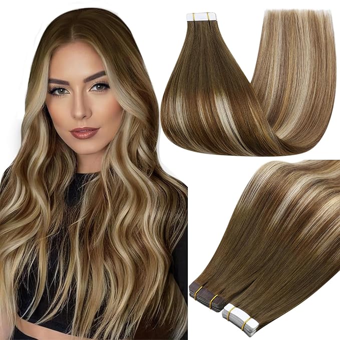 Full Shine Tape in Hair Extensions Real Human Hair Remy Hair Extensions Tape ins Balayage Color 4/27/60/8 Brown And Blonde Tape Hair Extension 14Inch Seamless Invisible Straight Hair 50G 20Pcs