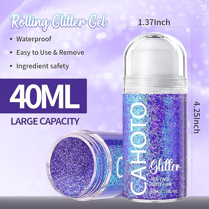 CAHOTO Purple Rolling Glitter for Face Body & Hair, Sparkling Holographic Chunky Shimmer, Roll-on Sequins for Singer Concert Rave Festival Halloween Party Mardi Gras Carnival, 1.35fl.oz