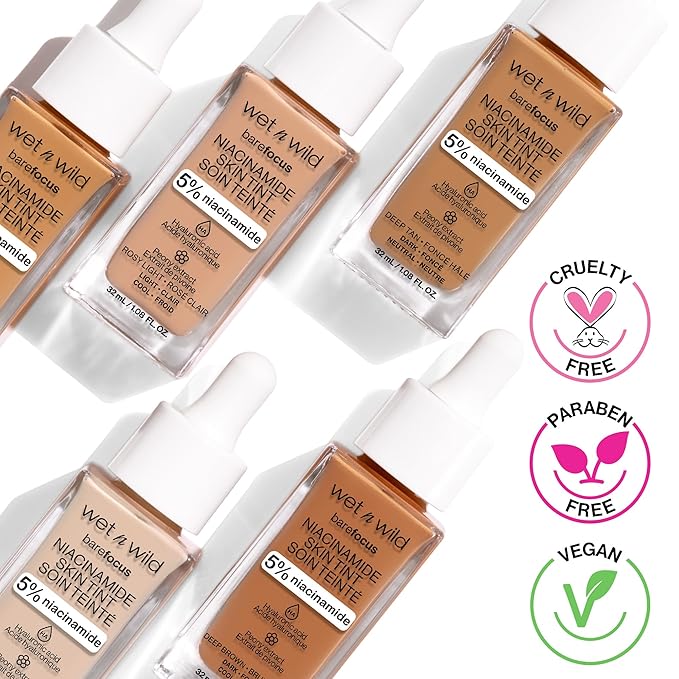 wet n wild Bare Focus Skin Tint, 5% Niacinamide Enriched, Buildable Sheer Lightweight Coverage, Natural Radiant Finish, Hyaluronic & Vitamin Hydration Boost, Cruelty-Free & Vegan - Amber Beige