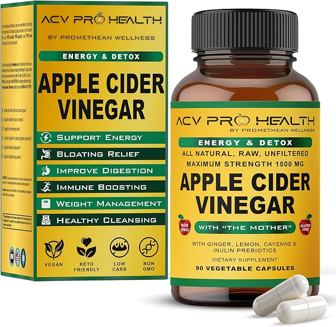 Promethean Wellness ACV Pro Apple Cider Vinegar Capsules Certified Organic with Mother ACV Pills Detox Cleanse Acid Reflux Relief Support Supplement Ginger Root Cayenne Pepper Powder