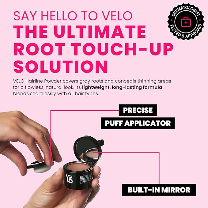 VELO Hairline Powder–AUBURN Hair Root Touch Up Powder for Women & Men–Instantly Covers Gray Hair, Thinning Hair & Bald Spots–Sweatproof Root Cover Up–Puff & Mirror Compact, 13 Shades