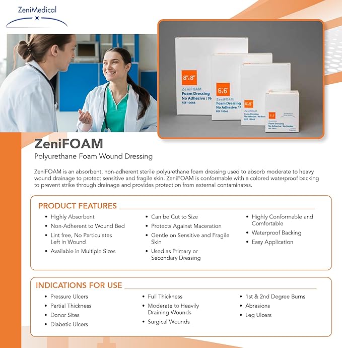 ZeniFOAM Polyurethane Foam Dressing 4" x 5" - No Border, No Adhesive, Sterile, Highly Absorbent for Heavy Wound Drainage, Non-Stick and Lint-Free Pad, Latex-Free, with Waterproof Backing (10pcs/Box)