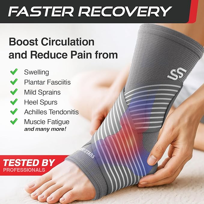 Sleeve Stars Ankle Brace for Women & Men, Ankle Wrap for Sprained Ankle, Compression Sleeve for Plantar Fasciitis Relief, Easy Customizable Support: w/Removable Strap (Single/S:9"-10"/Gray)