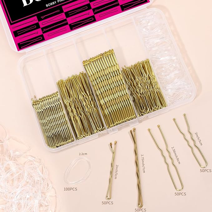 Teenitor 300pcs Blonde Bobby Pins Hair Pins 100 Bobby Pins Blonde Hair,100 Hair Pins for Women 100 Hair Bands Kit, Blonde Bobby Pins for Hair Hair Pins for Buns 2" 2.36" Bobby Pins Blonde 2" 2.75"