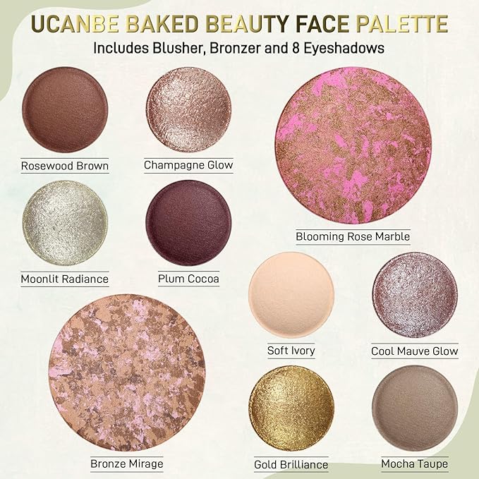 UCANBE Full Size Baked Makeup Palette Set - Include Blush, Bronzer, 8 Eyeshadows & Brushes, Pigmented All-in-One Face & Eye Compact Powder Beauty Valentine Gift Kit for Starter & Pros, Travel Friendly