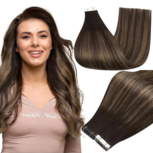 Full Shine Invisible Tape In Human Hair Remy Tape on Hair Extensions 22 Inch Balayage Color 2 Darkest Brown Fading to 8 Ash Brown and 2 Seamless Pu Tape Hair 50 Gram Skin Weft Hair Extensions 20Pcs