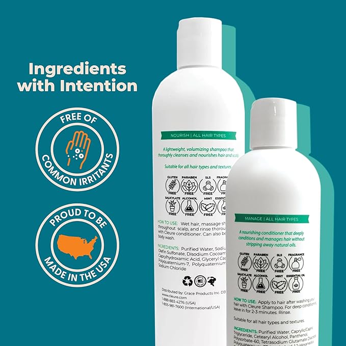 Cleure Shampoo and Conditioner Set Sulfate Free, Fragrance Free for Sensitive Skin - Volumizing Shampoo & Hydrating Conditioner (12 Oz each, Pack of 2)