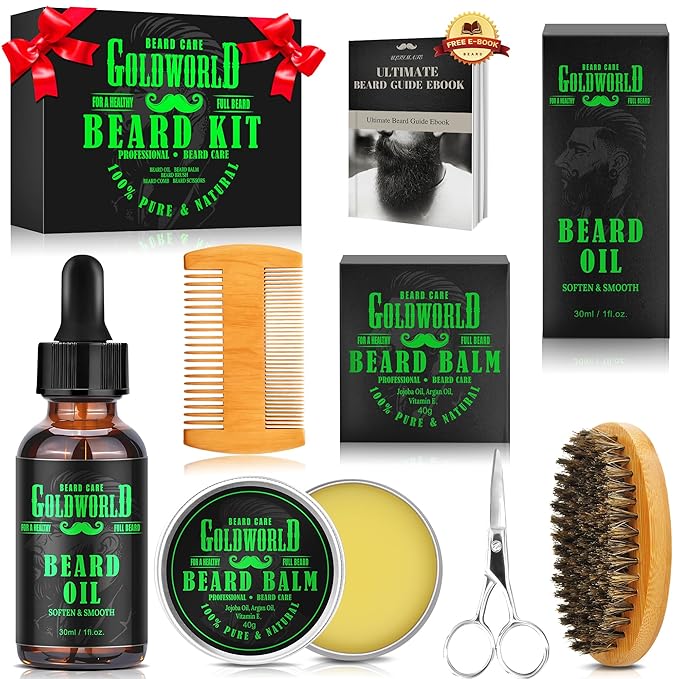 Beard Kit Beard Grooming Kit w/Beard Oil Balm Brush Comb Scissor e-Book Christmas Stocking Stuffers Gifts Ideas for Men Him Dad Boyfriend Husband Mens