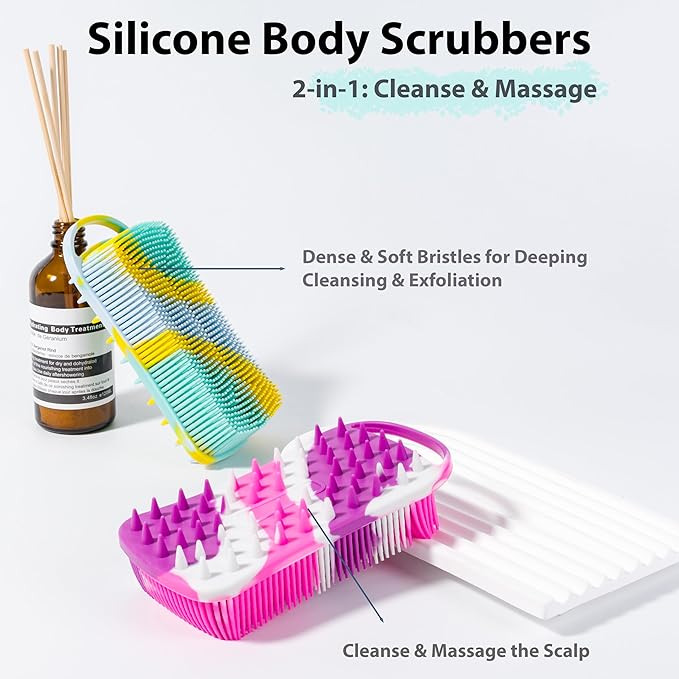 2 PC Silicone Body Scrubber, 2 in 1 Exfoliating Shower Bath Scrubber, Soft Silicone Loofah for Sensitive Skin, Shower Hair Scalp Massager, Easy to Clean, Lather Well (Purple & Yellow)