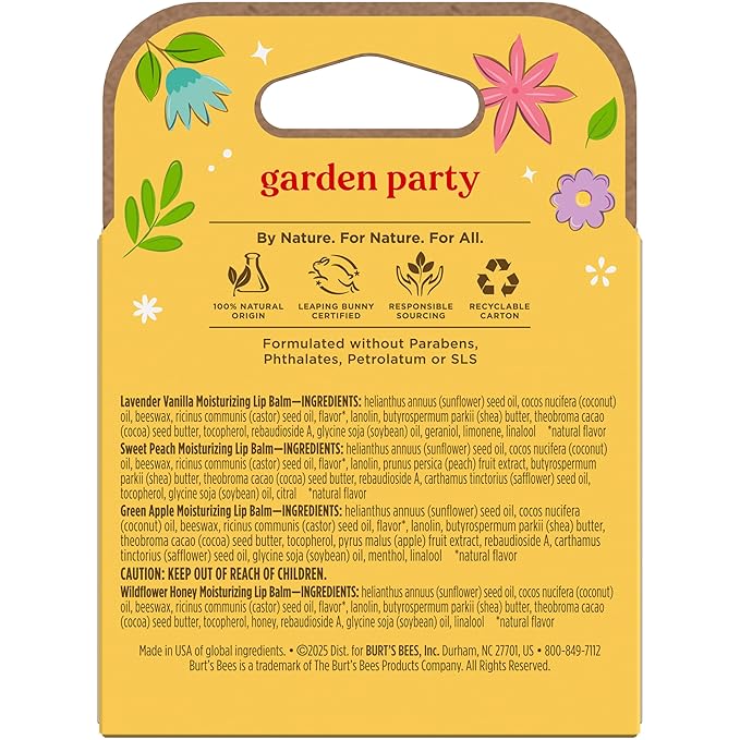 Burt's Bees Gifts Ideas - Garden Party Lip Balm Set, Lavender Vanilla, Sweet Peach, Green Apple, Wildflower Honey, With Responsibly Sourced Beeswax, Natural Origin Lip Treatment, 4 Tubes, 0.15 oz.