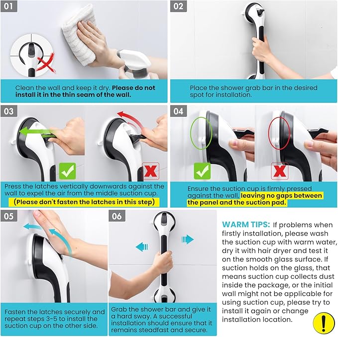 TAILI Shower Grab Bar 2 Pack Suction Grab Bars for Bathtubs and Showers, Heavy Duty Shower Handle Removable Shower Handrails for Seniors and Elderly, Bathroom Safety Grip No Drilling Waterproof, Black