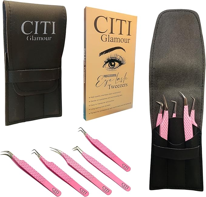 Lash Tweezers For Eye Lash Extension set of 5 Precise Fiber Tip with Diamond Grip Complete set for Volume Lashes Pink