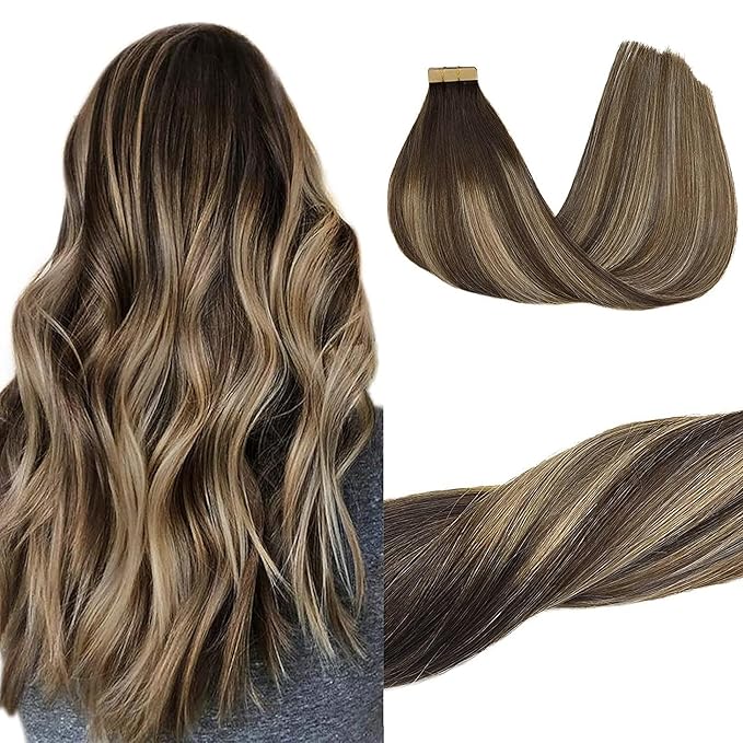 GOO GOO Tape in Hair Extensions Human Hair, 4/26/4 Balayage Chocolate Brown to Honey Blonde, 18inch 50g 20pcs, Skin Weft Seamless Invisible, Silky Straight with Thick Ends, Remy Human Hair