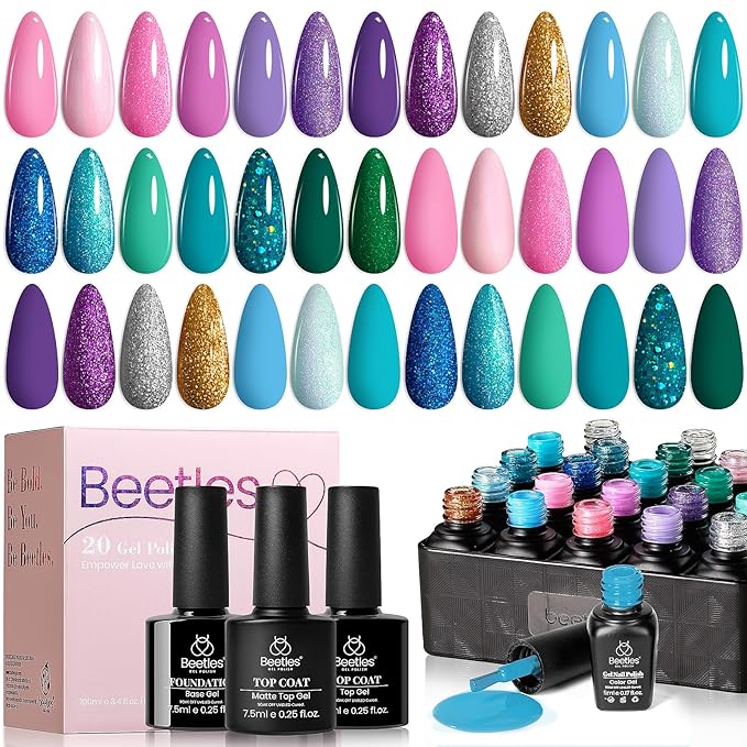 Beetles Purple Gel Nail Polish Set, 20 Colors Blue Green Pink Purple Shimmer Glitter Mermaid Gel Polish Kit with Base Top Coat Soak off Uv Nail Art Valentines Gifts for Women
