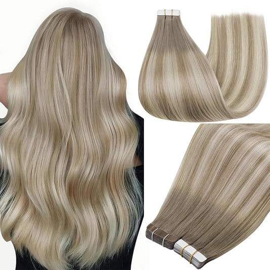 Full Shine Hair Extensions Color 19/8/60 Balayage Tape in Hair Extensions Human Hair 24Inch Seamless Skin Weft Remy Natural Brazilian Extension 50G 20Pcs for Wedding Soft Silky