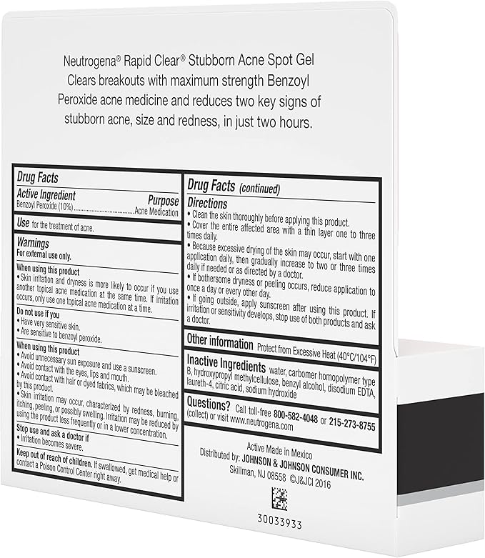 Neutrogena Rapid Clear Stubborn Acne Spot Treatment Gel, Maximum Strength 10% Benzoyl Per-oxide Treatment Medication for Acne Prone Skin, Pimple Cream Reduces Size & Redness, 1 oz