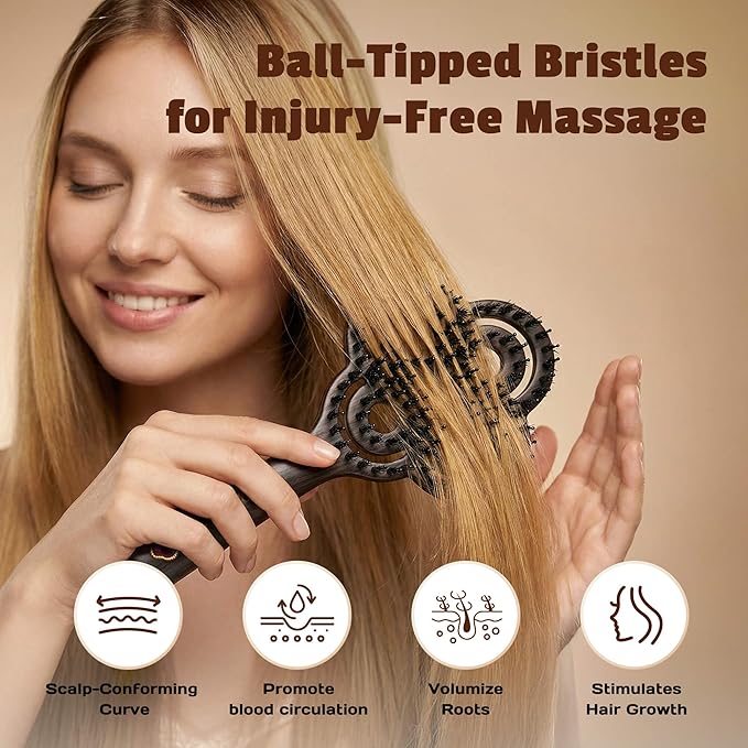 SIMETRA Lucky Hair Brush for Women & Men, 14K Gold Plated Wet Brush Detangling Brush for All Hair Types, Natural Crystal Inlay Boar Bristle Hair brush, Curly Detangler HairBrush for Scalp Massage Gift