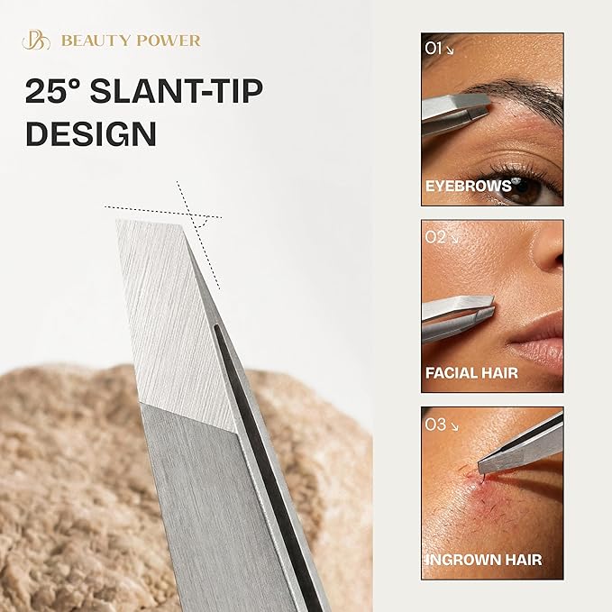 Professional Tweezers in Case - Slant, Durable Lightweight German Stainless Steel, Ultra Precision Tweezers for Eyebrows, Facial Hair, Chin, and Ingrown Hair Removal - Valentine's Gift