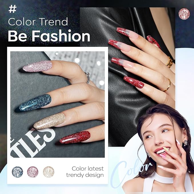 modelones Glitter Gel Nail Polish Set, 6 Colors Fall Winter Dark Red Pink Silver Gold Black Gel Polish Kit Shimmer Sparkle Reflective LED Soak Off Manicure Art Kit Home DIY Salon Gift for Women