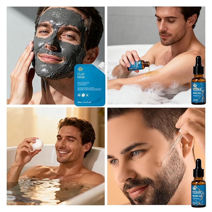 21 Pcs Men Facial Skin Care Set, Luxury Bath & Beard Gift Set for Men, Spa & Self-Care Gift, Clay Mask, Cleanser, Beard Oil, Cologne Present, Birthday, Christmas, Valentines, Father Day, Boyfriend