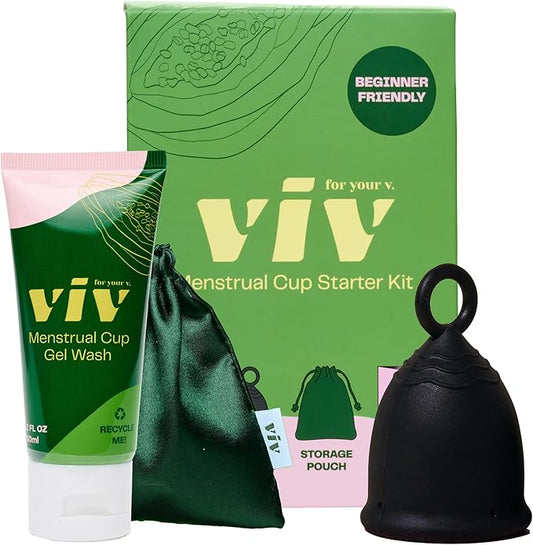 Viv For Your V Premium Soft Menstrual Cups Kit, Flexible Small Period Cup, Pull Tab Ring for Easy Removal, Cleansing Gel Wash, Travel Pouch, Comfortable 12 Hour Wear, Reusable, Medical Grade Silicone