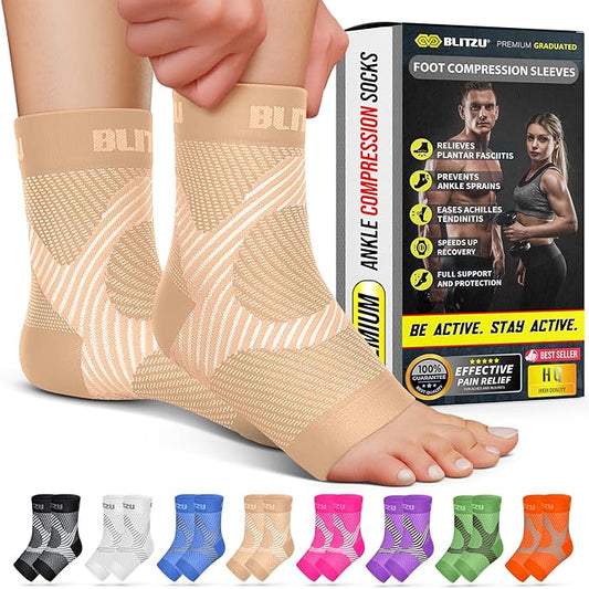 BLITZU Compression Socks for Plantar Fasciitis, Achilles Tendonitis, Arthritis Relief, Ankle Brace Compression Sleeve with Foot Arch Support, Ankle Wrap for Women, Men, Swelling & Heel Pain Nude S-M