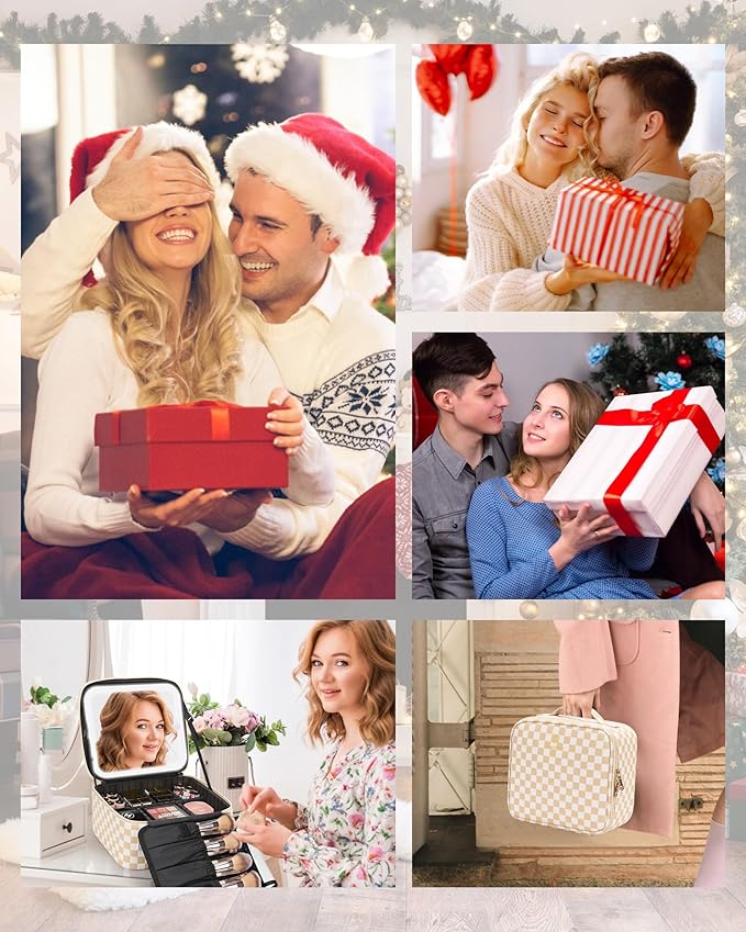 Relavel Travel Makeup Bag With LED Mirror, Cosmetic Train Case with Light up Mirror, Portable Makeup Artist Organizer Bag with Adjustable Dividers, Makeup Brush Holder Storage, Plaid