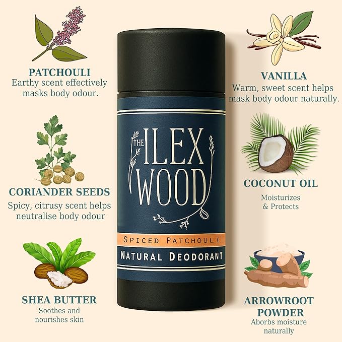 The Ilex Wood Natural Deodorant - 2.4fl oz. Handmade, Aluminum Salt Free, Plastic Free, Cruelty and Alcohol Free, Vegan, Eco Friendly Cardboard Tube – Spiced Patchouli (Spicy and Woody)