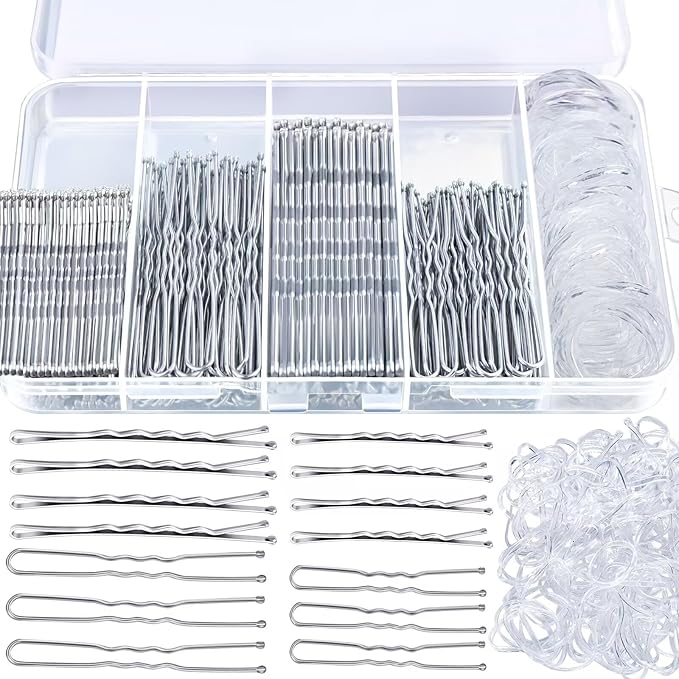 Teenitor 300pcs Silver Bobby Pins Hair Pins Kit, 100pcs Bobby Pins 100 Hair Pins for Women for Buns, 100pcs Hair Bands, 2" 2.36", Silver Bobb y Pins for Gray Hair 2" 2.75"