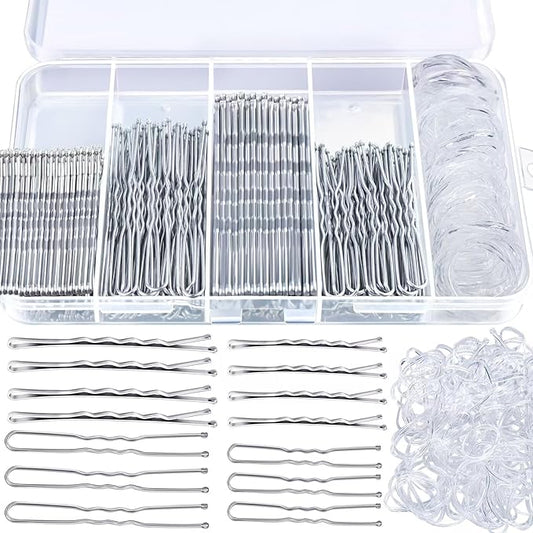 Teenitor 300pcs Silver Bobby Pins Hair Pins Kit, 100pcs Bobby Pins 100 Hair Pins for Women for Buns, 100pcs Hair Bands, 2" 2.36", Silver Bobb y Pins for Gray Hair 2" 2.75"