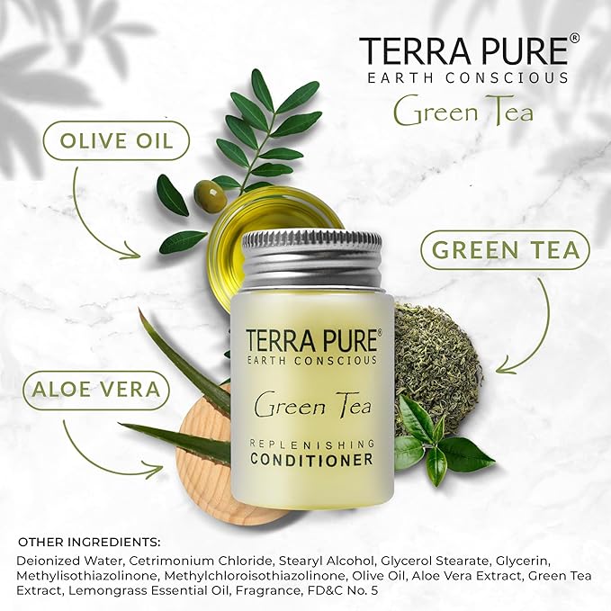 Travel Size Hotel Conditioner 300 Count 1 oz Bottles Guest Amenities for Hotels Vacation Rentals and Short Term Rentals Paraben Free Green Tea Scent Infused with Aloe and Olive Oil by Terra Pure)