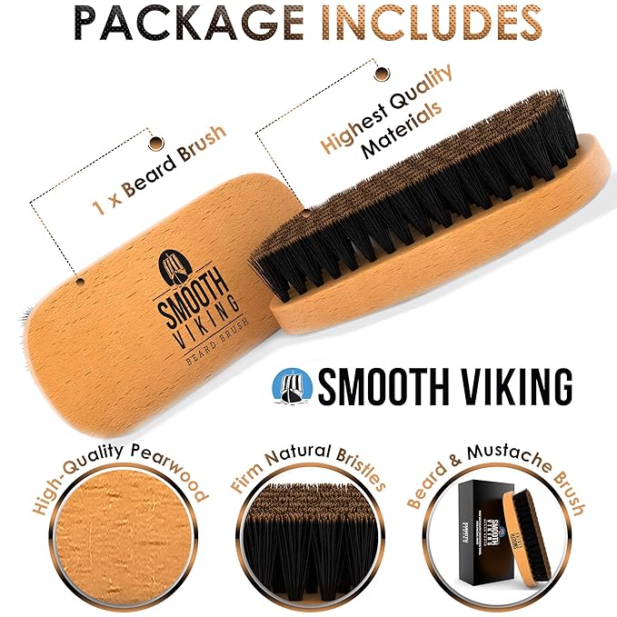 Smooth Viking Beard and Facial Hair Grooming Set - Natural Boar Bristle Brush, Mustache Brush, Styling and Shaping Tool for Men