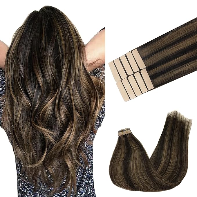 GOO GOO Tape in Hair Extensions Human Hair, 2/6 Dark Brown Highlighted Chestnut Brown, 24inch 30g 10pcs, Skin Weft Seamless Invisible, Silky Straight with Thick Ends, Remy Human Hair