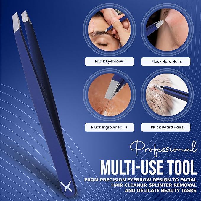 Stainless Steel Mini Slant Tweezer - Professional Precision Eyebrow Tweezers for Women & Men, Rust-Proof Travel Grooming Tool for Facial Hair Removal, Chin Hair & Ingrowns (Midnight Blue)