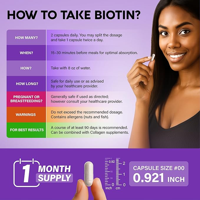 NUTRAHARMONY Biotin | Collagen | Hyaluronic Acid | Keratin - Support Normal Hair Growth Cycle - Skin & Nails - 25000mcg Vitamins B1, B2, B3, B6 & B7 - for Women & Men - Made in USA | 60 Capsules