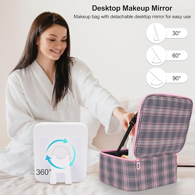 Relavel Travel Makeup Bag With LED Mirror, Portable Cosmetic Organizer Bag with Adjustable Brightness in 3 Color Scenarios, Small Train Case with Detachable Dividers for Trip- Grey Strip