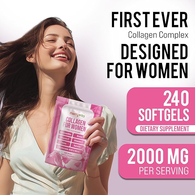 MERRY VITA Collagen for Women – Hydrolyzed Multi Collagen Peptides Types I, II, III, V & X – Collagen Supplement with Vitamin C, Biotin & Hyaluronic Acid – Grass Fed, Non-GMO, 240 Capsules