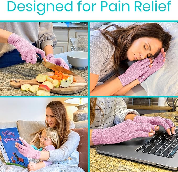Vive Pink Arthritis Hand Compression Gloves - Comfortable Fit for Men and Women - Open Finger for Rheumatoid, Osteoarthritis and Computer Typing Pain - Carpal Tunnel Support - Moisture Wicking Fabric